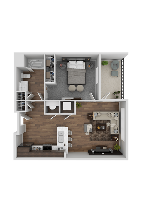 A top-down view of a small apartment with a living room, kitchen, and bedroom.